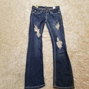 Cambridge Lowrise Distressed Bootcut Jeans White Stitching Cotton Spandex 28x30